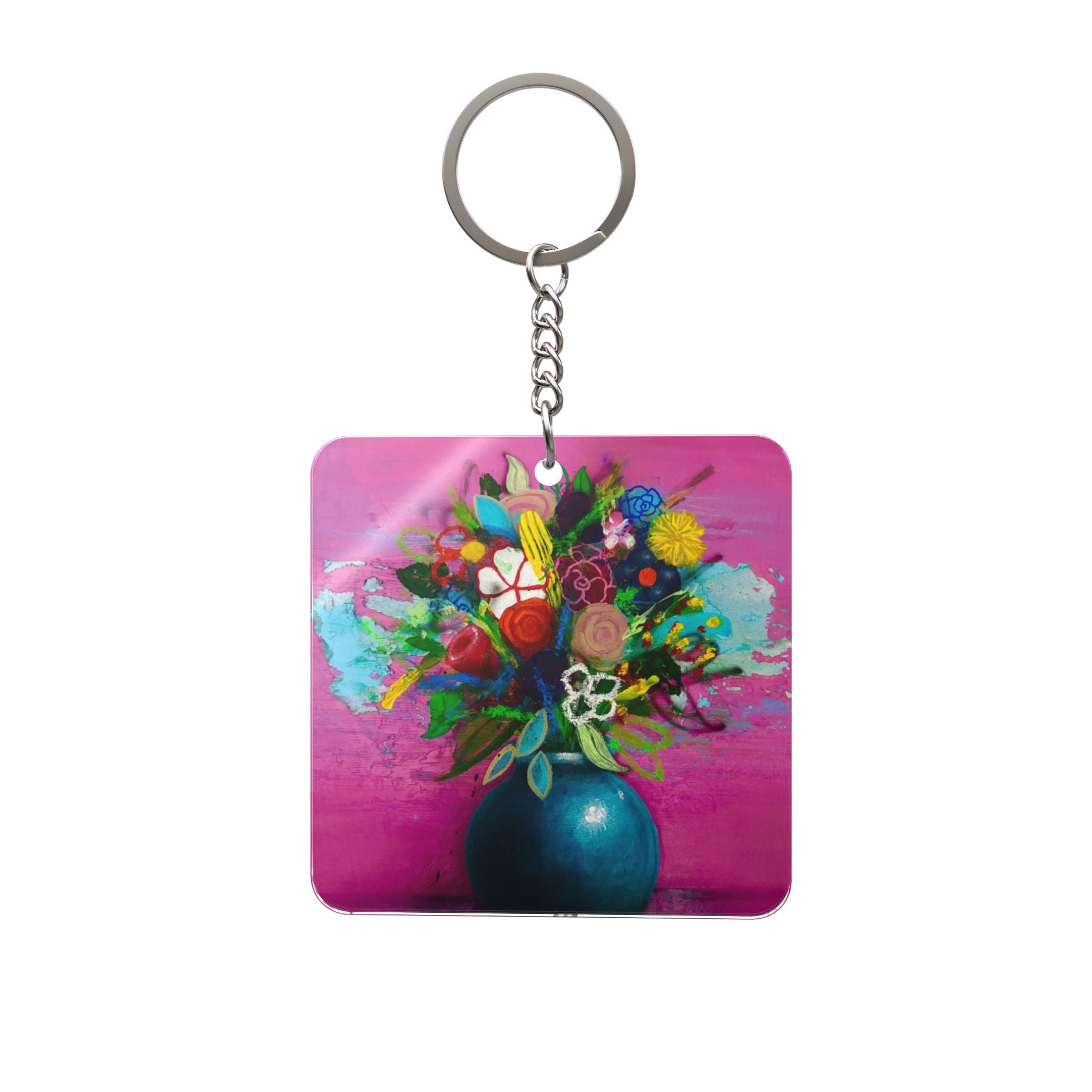 Flores de la Casita Rosa — Colorful Vase Art Key Ring